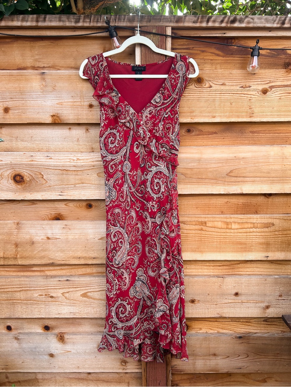 Y2K The Limited Silk Red Paisley Ruffle Sleeveless Midi Fairy Dress Size 8
